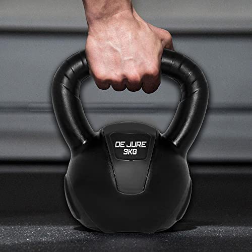 De Jure Fitness PVC Kettlebell 3kg for Men & Women, Strength & Cardio Training, Soft Grip, Crushed Concrete Filled, Full Body Workout Equipment for Home & Gym (Black) - Image 4