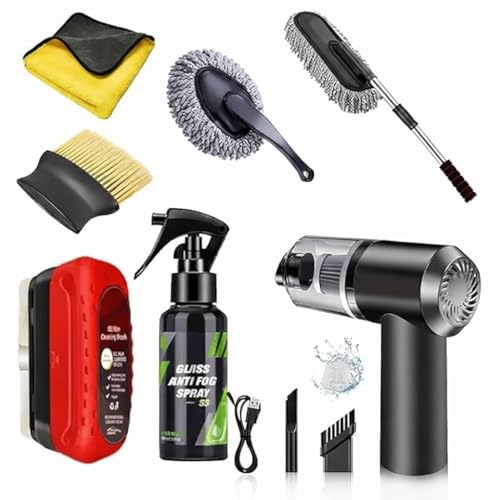 Azriel® 7 PCS Car Cleaning Kit with 3-in-1 Mini Vacuum Cleaner, Microfiber Cloth, Duster, Wheel Brush, Anti-Fog Spray & Glass Cleaning Tools (7 in 1 Car Combo)