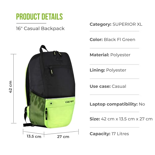 Gear SUPERIOR XL 17L Samll Water Resistant School Bag/Casual 4 Compartment Backpack/College Bag/Sports Bag with Shoe Compartment for Men/Women (Black-Fluroscent Green) - Image 4