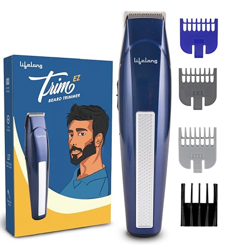 Lifelong Trim EZ Rechargeable Beard Trimmer for Men | SkinProtect Blades, Cordless Groomer with 4 Attachments, Brush & Oil Bottle, 500mAh Lithium Battery, USB Type-C Charging, 60 Min Runtime (Blue)