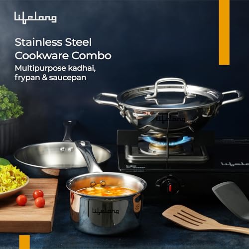 Lifelong Triply 4-piece cookware set |Kadai, Frypan & Saucepan for Cooking |Stainless Steel 22 cm Kadai & Fry Pan22 cm with Stainless Steel Lid | 16 cm Sauce Pan |Induction Bottom & Gas Stove Cookware - Image 3