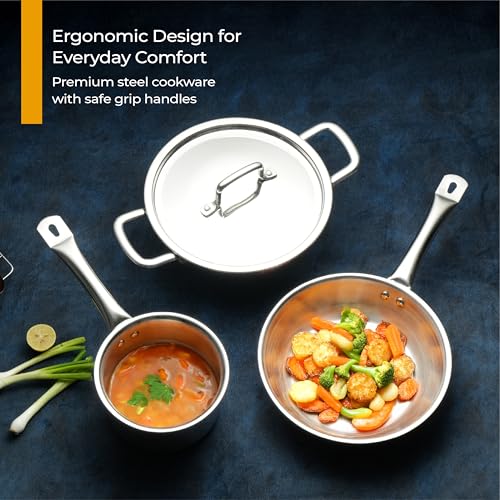 Lifelong Triply 4-piece cookware set |Kadai, Frypan & Saucepan for Cooking |Stainless Steel 22 cm Kadai & Fry Pan22 cm with Stainless Steel Lid | 16 cm Sauce Pan |Induction Bottom & Gas Stove Cookware - Image 4