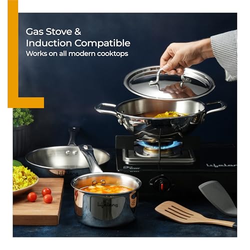 Lifelong Triply 4-piece cookware set |Kadai, Frypan & Saucepan for Cooking |Stainless Steel 22 cm Kadai & Fry Pan22 cm with Stainless Steel Lid | 16 cm Sauce Pan |Induction Bottom & Gas Stove Cookware - Image 6