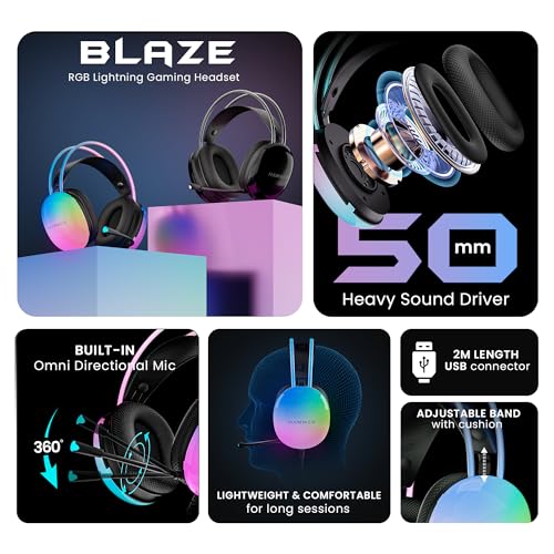 HAMMER Blaze Wired Over Ear Gaming Headphones with Mic, 50mm Drivers, Full RGB Lights, Gaming Headset with Adjustable Bands, Breathable earcushion, 1.5Mtr Wire with USB (Black) - Image 3