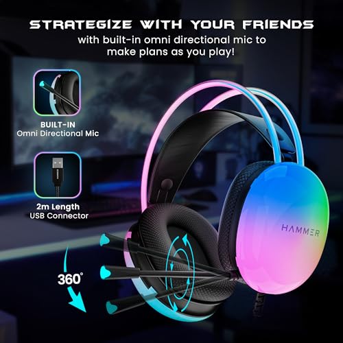 HAMMER Blaze Wired Over Ear Gaming Headphones with Mic, 50mm Drivers, Full RGB Lights, Gaming Headset with Adjustable Bands, Breathable earcushion, 1.5Mtr Wire with USB (Black) - Image 5