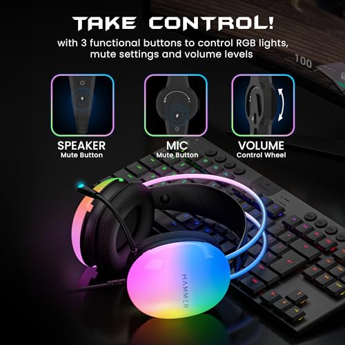 HAMMER Blaze Wired Over Ear Gaming Headphones with Mic, 50mm Drivers, Full RGB Lights, Gaming Headset with Adjustable Bands, Breathable earcushion, 1.5Mtr Wire with USB (Black) - Image 7