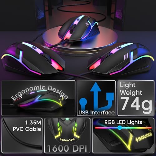 Sounce Nitro Wired Gaming USB Mouse 800/1200/1600 DPI Optical Sensor, 4-Level Adjustable DPI, RGB Lighting, Smooth Tracking, Ergonomic Grip, Plug & Play for Laptop & PC (Black) - Image 2