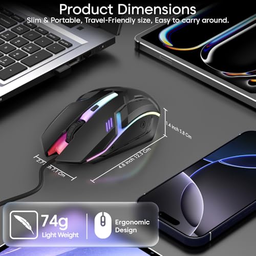 Sounce Nitro Wired Gaming USB Mouse 800/1200/1600 DPI Optical Sensor, 4-Level Adjustable DPI, RGB Lighting, Smooth Tracking, Ergonomic Grip, Plug & Play for Laptop & PC (Black) - Image 6