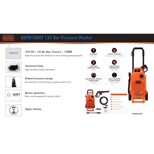 Black + Decker Bepw1800T 1700W 1810 Psi 125 Bar Pressure Washer for Car, Bike, Home & Garden Cleaning Use with Multiple Accessories Included, 1 Year Warranty, Orange & Black - Image 4