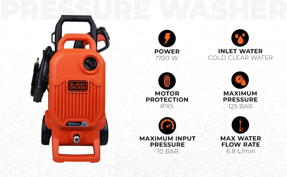 Black + Decker Bepw1800T 1700W 1810 Psi 125 Bar Pressure Washer for Car, Bike, Home & Garden Cleaning Use with Multiple Accessories Included, 1 Year Warranty, Orange & Black - Image 5
