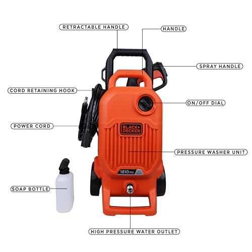 Black + Decker Bepw1800T 1700W 1810 Psi 125 Bar Pressure Washer for Car, Bike, Home & Garden Cleaning Use with Multiple Accessories Included, 1 Year Warranty, Orange & Black - Image 6