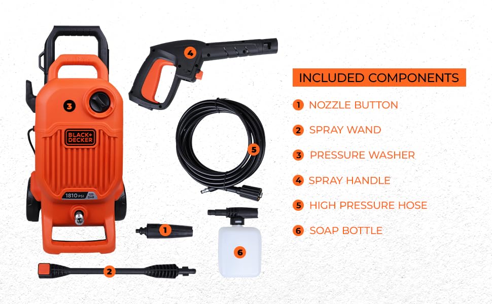 Black + Decker Bepw1800T 1700W 1810 Psi 125 Bar Pressure Washer for Car, Bike, Home & Garden Cleaning Use with Multiple Accessories Included, 1 Year Warranty, Orange & Black - Image 7
