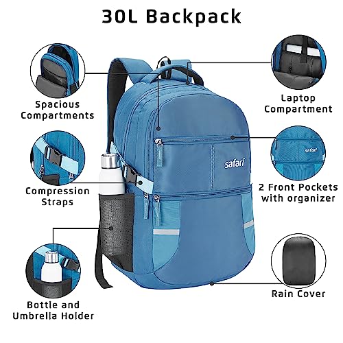 Safari Omega Spacious/Large 5 Compartment Laptop Backpack With Raincover, College Bag, Travel Bag For Unisex, Teal, 30 Litre - Image 5