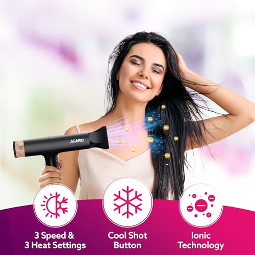 AGARO Royal BLDC Professional Hair Dryer, Brushless Motor, Ionic technology, 2000W, 110000 RPM, Fast Drying, 3 Speed & 3 Temperature Settings, Cool Shot Button, for Women, Men, Salon, Home, Black - Image 3