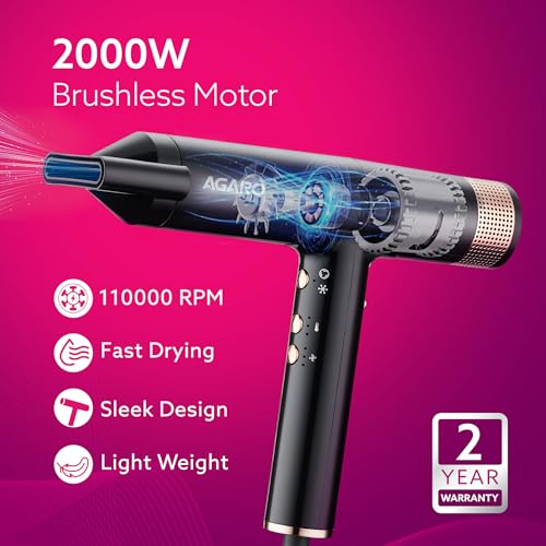 AGARO Royal BLDC Professional Hair Dryer, Brushless Motor, Ionic technology, 2000W, 110000 RPM, Fast Drying, 3 Speed & 3 Temperature Settings, Cool Shot Button, for Women, Men, Salon, Home, Black - Image 4