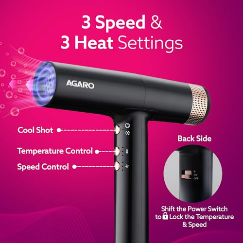 AGARO Royal BLDC Professional Hair Dryer, Brushless Motor, Ionic technology, 2000W, 110000 RPM, Fast Drying, 3 Speed & 3 Temperature Settings, Cool Shot Button, for Women, Men, Salon, Home, Black - Image 5
