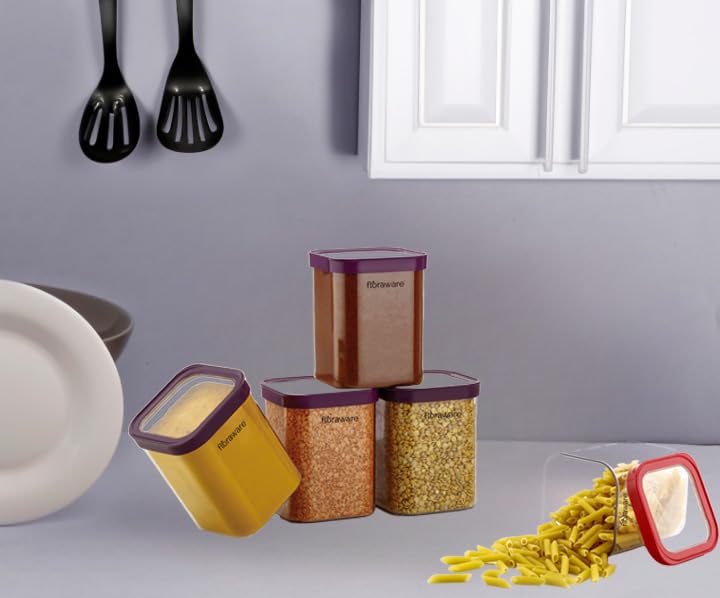 Floraware Food Safe Plastic Multiuse Square Fit-Lock Airtight Storage Jar, Grocery Container, 1150 ml, set 4 BPA free, Purple - Image 2