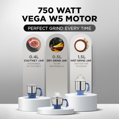 Preethi Diamond 750 Watt Mixer Grinder | 3 Jars & Flexi lid | 2yr Guarantee & Lifelong Free Service | FBT Motor I Powerful Grinding & Blending | Perfect for Smoothies & More I White Color | - Image 3