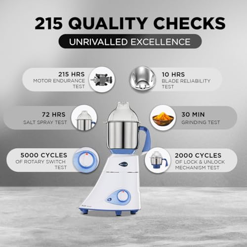 Preethi Diamond 750 Watt Mixer Grinder | 3 Jars & Flexi lid | 2yr Guarantee & Lifelong Free Service | FBT Motor I Powerful Grinding & Blending | Perfect for Smoothies & More I White Color | - Image 7