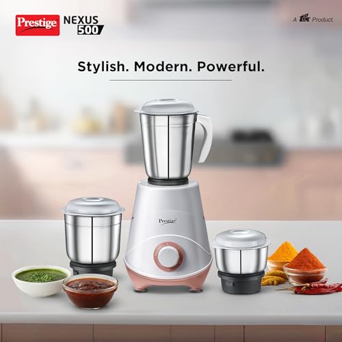 Prestige 500W Nexus Mixer Grinder with 3 Stainless Steel jars|1200ml Wet Jar,800ml dry jar, 400ml chutney jar|3 Super-efficient Blades|3 motor setting|Sturdy Handles |2 Yrs Warranty|White & Rose Gold - Image 3