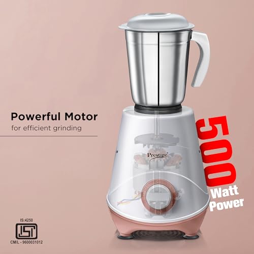 Prestige 500W Nexus Mixer Grinder with 3 Stainless Steel jars|1200ml Wet Jar,800ml dry jar, 400ml chutney jar|3 Super-efficient Blades|3 motor setting|Sturdy Handles |2 Yrs Warranty|White & Rose Gold - Image 4