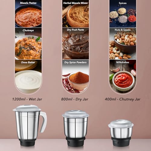 Prestige 500W Nexus Mixer Grinder with 3 Stainless Steel jars|1200ml Wet Jar,800ml dry jar, 400ml chutney jar|3 Super-efficient Blades|3 motor setting|Sturdy Handles |2 Yrs Warranty|White & Rose Gold - Image 5