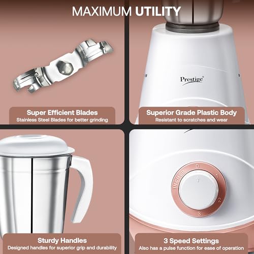 Prestige 500W Nexus Mixer Grinder with 3 Stainless Steel jars|1200ml Wet Jar,800ml dry jar, 400ml chutney jar|3 Super-efficient Blades|3 motor setting|Sturdy Handles |2 Yrs Warranty|White & Rose Gold - Image 6