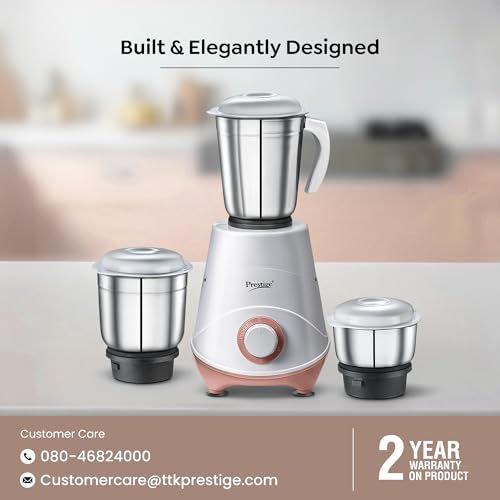 Prestige 500W Nexus Mixer Grinder with 3 Stainless Steel jars|1200ml Wet Jar,800ml dry jar, 400ml chutney jar|3 Super-efficient Blades|3 motor setting|Sturdy Handles |2 Yrs Warranty|White & Rose Gold - Image 7