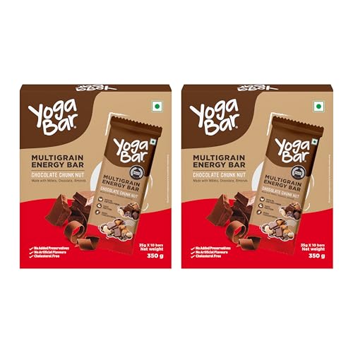Yogabar Multigrain Energy Bars - Chocolate Chunk 20 Bars - Daily Protein Snack, High Energy & Nutrition Bars - with 8g Protein & 7g Fibre - No Preservatives - Pack of 2, 10 Bars each