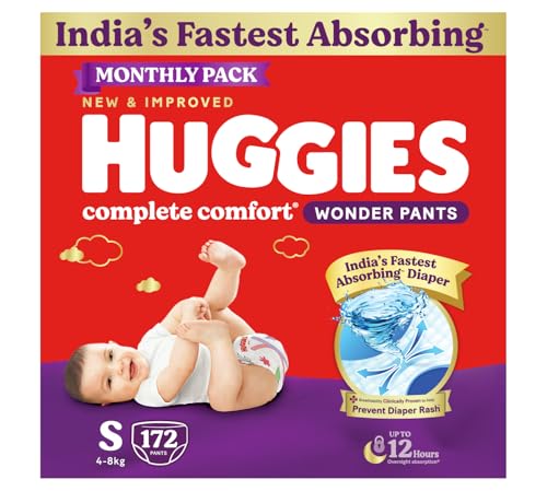 Huggies Complete Comfort Wonder Pants | Pant Style Baby Diapers Small Size (S), 172 Count | India's Fastest Absorbing Diaper, Prevents Diaper Rash, Ideal for 4 to 8 Kgs (86 Count, Pack of 2)
