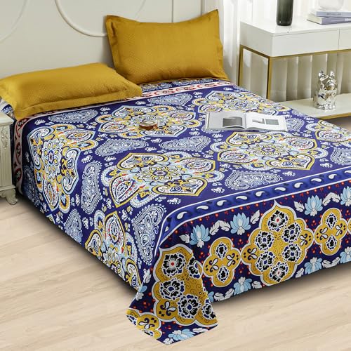 Story@Home bedsheet for Double Bed Queen Size 240TC Satin Finish, Microfiber Double Bed bedsheet, 225X250cm with 2 Pillow Covers, Purple & Yellow, Motif | Perfect for Festive Gifting