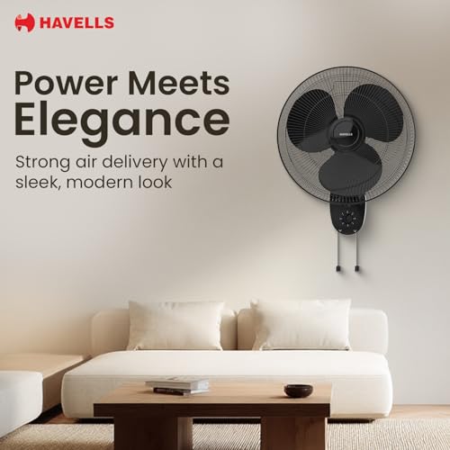 Havells Gatik Pro 400mm Wall Mount Fan|RPM: 1350|Double string for Speed & Oscillation control | Thermal Overloaded Protected Motor | 100% Copper Wire Winding Motor | 2 Year Warranty,230 Volts(Black) - Image 2