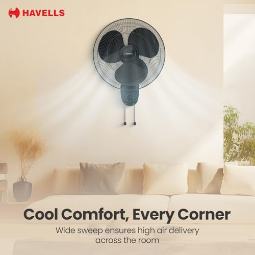 Havells Gatik Pro 400mm Wall Mount Fan|RPM: 1350|Double string for Speed & Oscillation control | Thermal Overloaded Protected Motor | 100% Copper Wire Winding Motor | 2 Year Warranty,230 Volts(Black) - Image 4