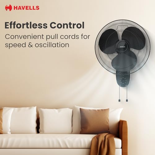 Havells Gatik Pro 400mm Wall Mount Fan|RPM: 1350|Double string for Speed & Oscillation control | Thermal Overloaded Protected Motor | 100% Copper Wire Winding Motor | 2 Year Warranty,230 Volts(Black) - Image 5