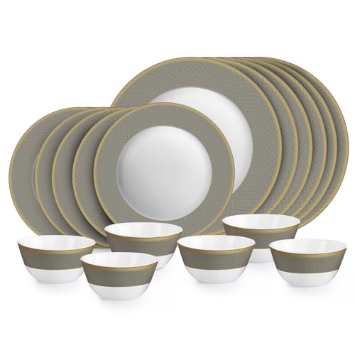 Cello Opalware Solitaire Series Moonstone 18 Pcs Opal Glass Dinner Serving for 6 | Bone Ash-Free | Lightweight, Elegant White Plate & Bowl Set |Opal Glass Crockery Set for Daily Use Dinning & Gifting