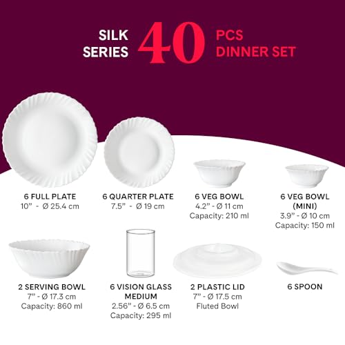 Larah by Borosil Silk Series Stardust Opalware Dinner Set with Vision Glass | 40pcs for Family of 6 | Microwave & Dishwasher Safe | Bone-Ash Free | Crockery for Dining & Gifting | White, Plate & Bowl - Image 3