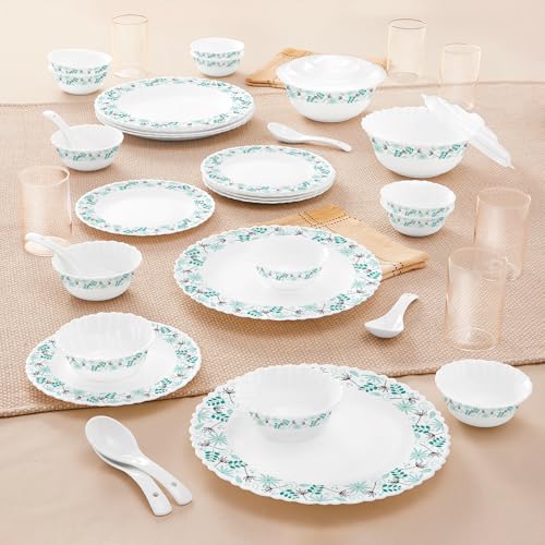 Larah by Borosil Silk Series Stardust Opalware Dinner Set with Vision Glass | 40pcs for Family of 6 | Microwave & Dishwasher Safe | Bone-Ash Free | Crockery for Dining & Gifting | White, Plate & Bowl - Image 6