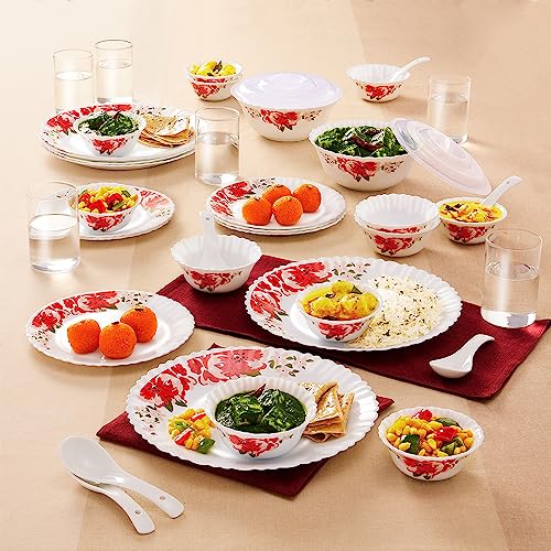 Larah By Borosil Rose Red Silk Series Opalware Dinner Set with Glasses, 40 Pieces for Family of 6, Microwave & Dishwasher Safe, Bone-Ash Free, Crockery Set for Dining & Gifting, Plates & Bowls, White