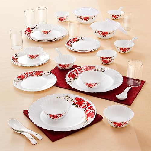Larah By Borosil Rose Red Silk Series Opalware Dinner Set with Glasses, 40 Pieces for Family of 6, Microwave & Dishwasher Safe, Bone-Ash Free, Crockery Set for Dining & Gifting, Plates & Bowls, White - Image 3