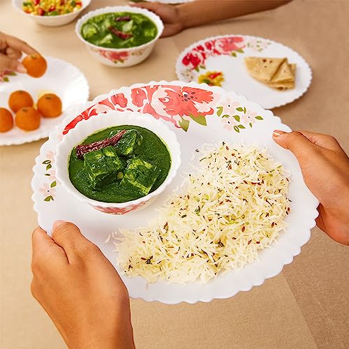 Larah By Borosil Rose Red Silk Series Opalware Dinner Set with Glasses, 40 Pieces for Family of 6, Microwave & Dishwasher Safe, Bone-Ash Free, Crockery Set for Dining & Gifting, Plates & Bowls, White - Image 4