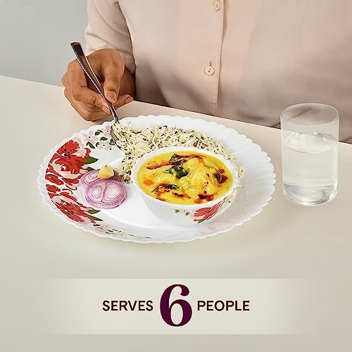 Larah By Borosil Rose Red Silk Series Opalware Dinner Set with Glasses, 40 Pieces for Family of 6, Microwave & Dishwasher Safe, Bone-Ash Free, Crockery Set for Dining & Gifting, Plates & Bowls, White - Image 5