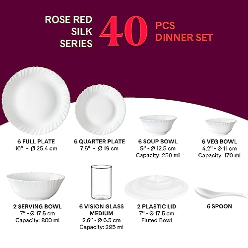Larah By Borosil Rose Red Silk Series Opalware Dinner Set with Glasses, 40 Pieces for Family of 6, Microwave & Dishwasher Safe, Bone-Ash Free, Crockery Set for Dining & Gifting, Plates & Bowls, White - Image 6