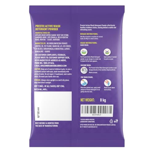Amazon Brand - Presto! Active Wash Detergent Powder | 8 Kg | Tough On Stains | Gentle On Fabrics | Colour-Safe | Refreshing Fragrance | Machine And Hand Wash - Image 7