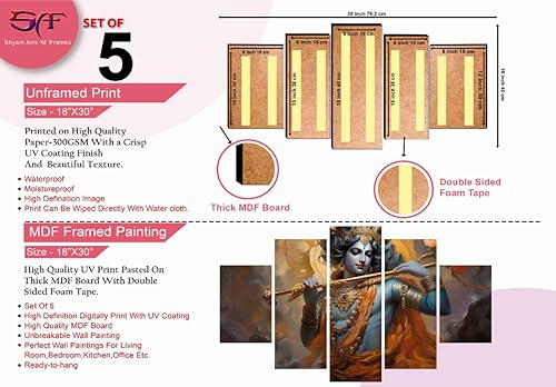 SAF krishna Paintings for Wall Decoration - Set Of Five, 3d modern art Painting for Living Room Large Size with Frames for Home Decoration, Hotel, Office 76.2 cm x 45 cm SANFPNLS35473 - Image 5