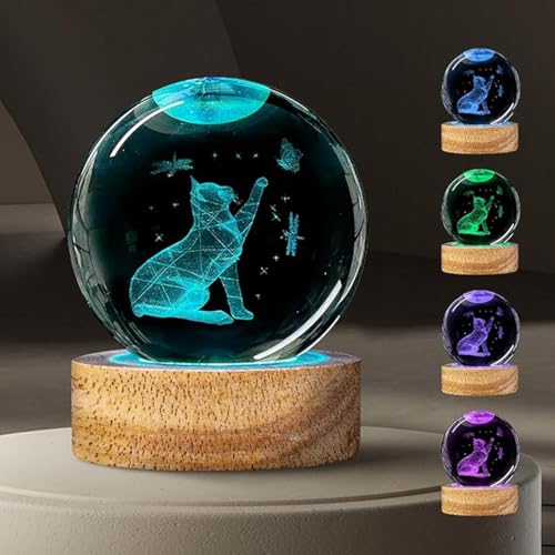 3D Crystal Ball Lamp with 16 Colors Changing LED Wooden Base - Solar System Night Light, Galaxy Lamps, Galaxy Crystal Ball Light with USB (16 Color Hand Cat)