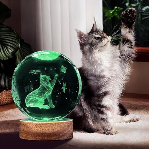 3D Crystal Ball Lamp with 16 Colors Changing LED Wooden Base - Solar System Night Light, Galaxy Lamps, Galaxy Crystal Ball Light with USB (16 Color Hand Cat) - Image 5