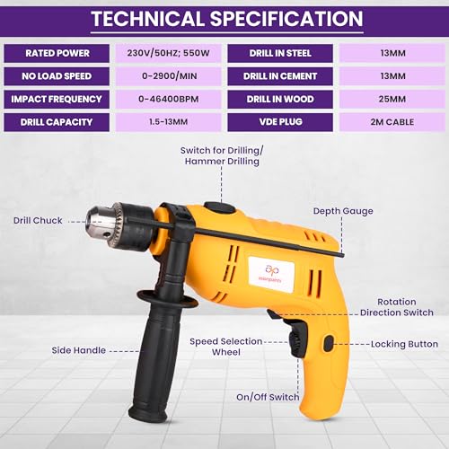 Asian Paints Corded Electric Professional Impact Drill Tool Kit,550 Watts,2900 Rpm,Chuck 13Mm Machine Variable Speed,Forward/Reverse Rotation,Double Insulation,Improved Carbon Brush(88 Pcs),Yellow - Image 3
