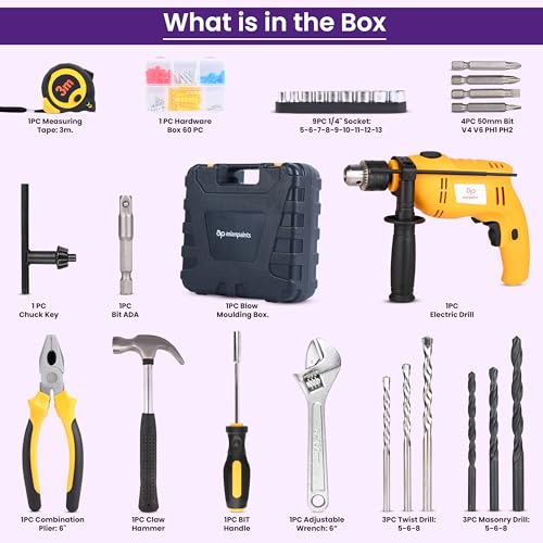 Asian Paints Corded Electric Professional Impact Drill Tool Kit,550 Watts,2900 Rpm,Chuck 13Mm Machine Variable Speed,Forward/Reverse Rotation,Double Insulation,Improved Carbon Brush(88 Pcs),Yellow - Image 4