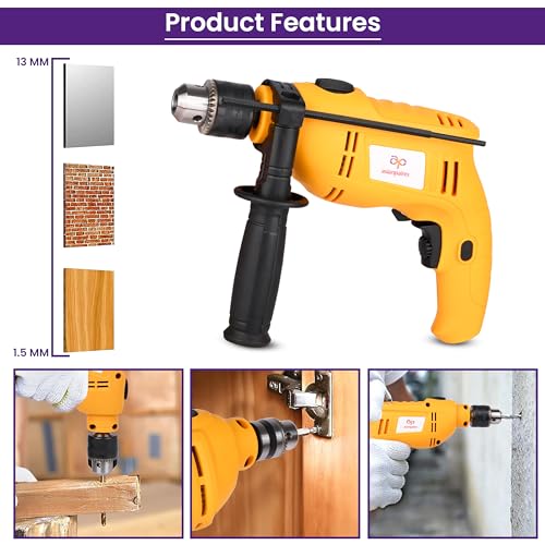 Asian Paints Corded Electric Professional Impact Drill Tool Kit,550 Watts,2900 Rpm,Chuck 13Mm Machine Variable Speed,Forward/Reverse Rotation,Double Insulation,Improved Carbon Brush(88 Pcs),Yellow - Image 6
