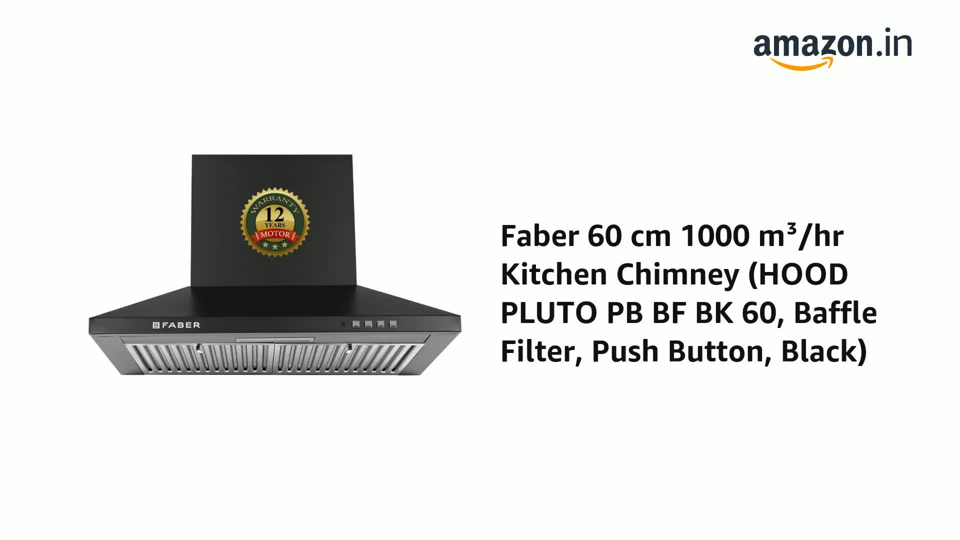 Faber 60 cm 1000 m³/hr Kitchen Chimney (HOOD PLUTO PB BF BK 60, Baffle Filter, Push Button, Black) - Image 2